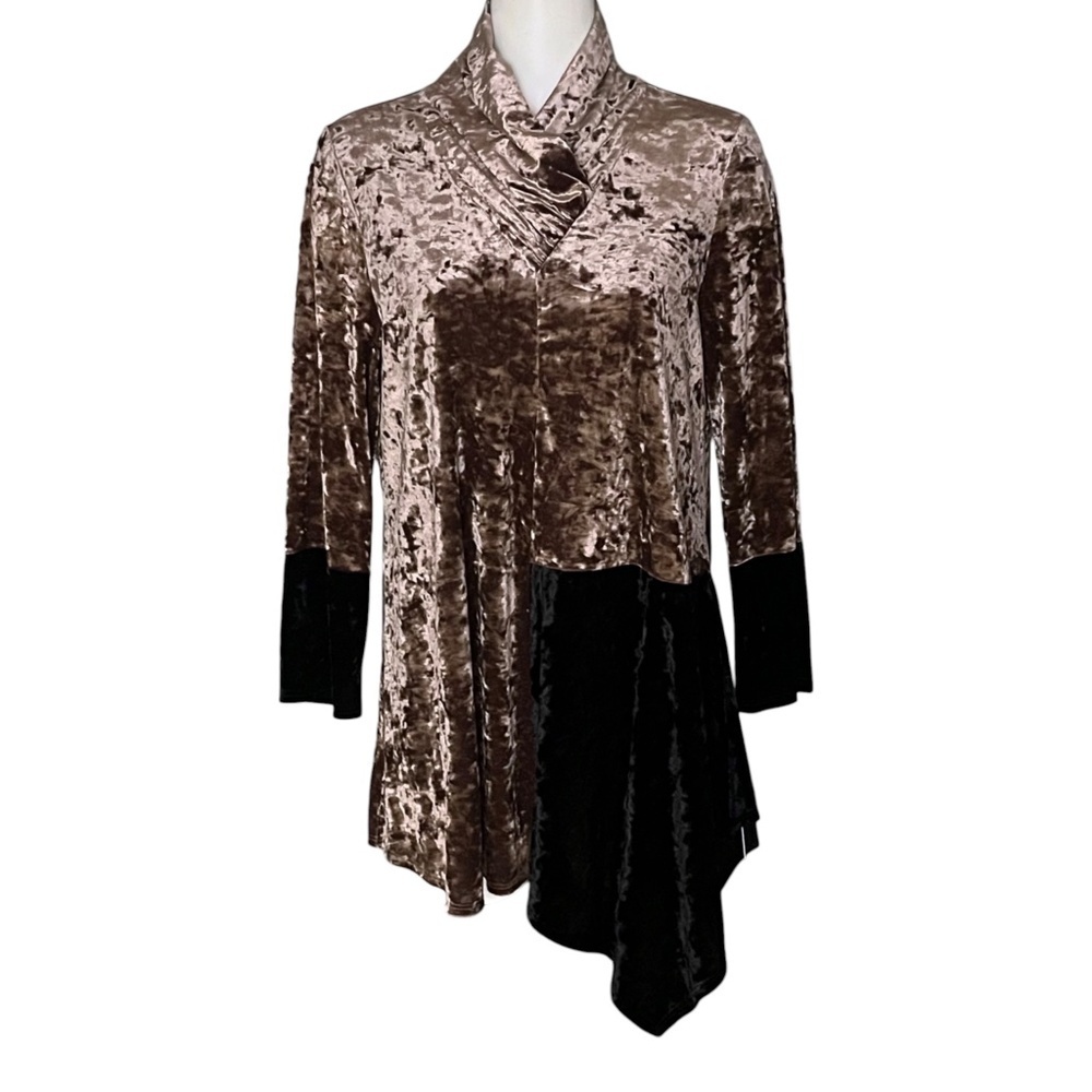 IC By Connie K Collection Brown Black Crushed Velvet Asymmetric Tunic Top L NWT